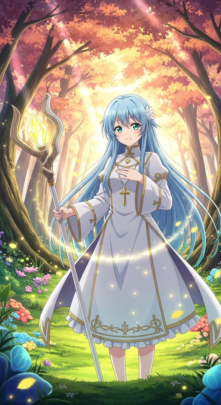 Healer Girl anime wallpaper with blue-haired priestess holding magical staff in forest