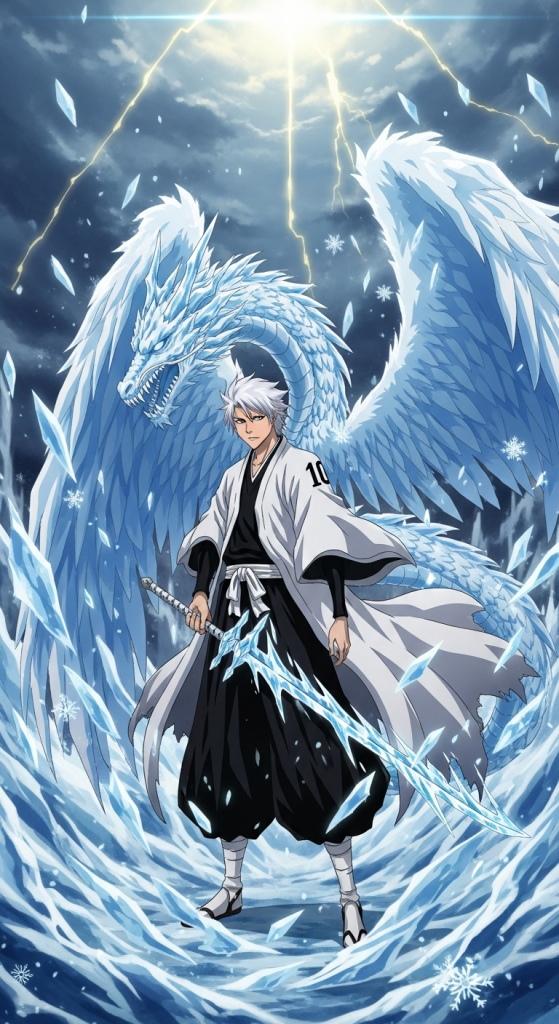 Hitsugaya Toushirou with ice dragon spirit Hyorinmaru in epic Bleach anime wallpaper