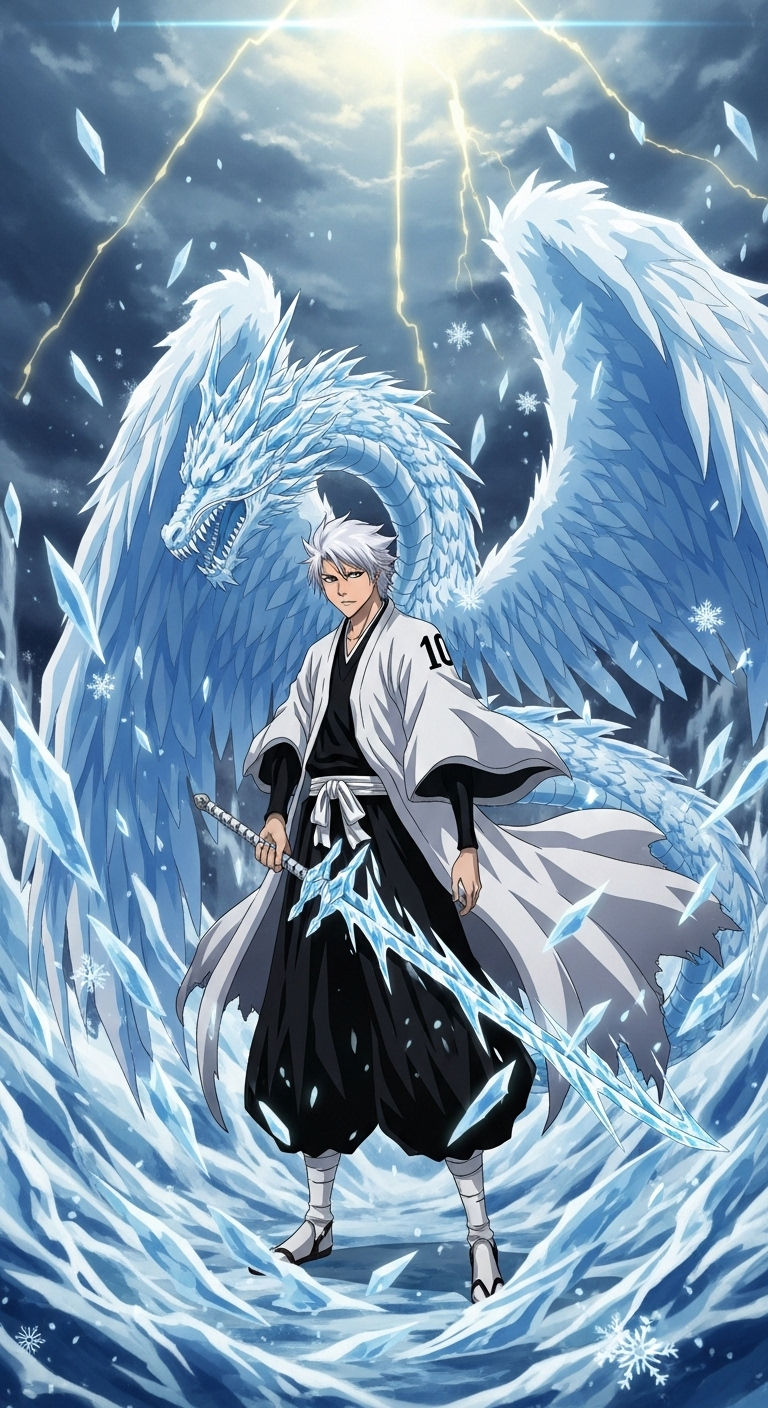 Hitsugaya Toushirou with ice dragon spirit Hyorinmaru in epic Bleach anime wallpaper