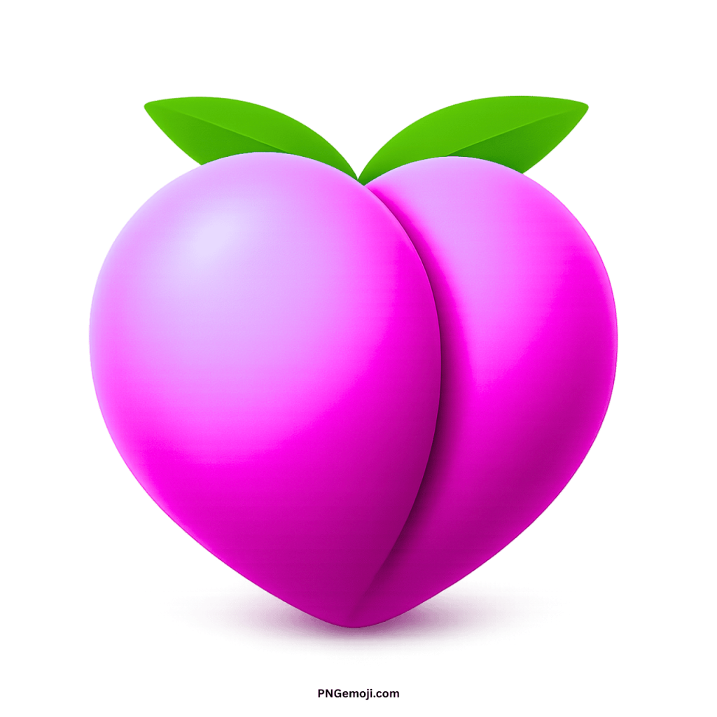 Hot pink peach emoji icon with green leaves, representing boldness, fun, and digital charm.