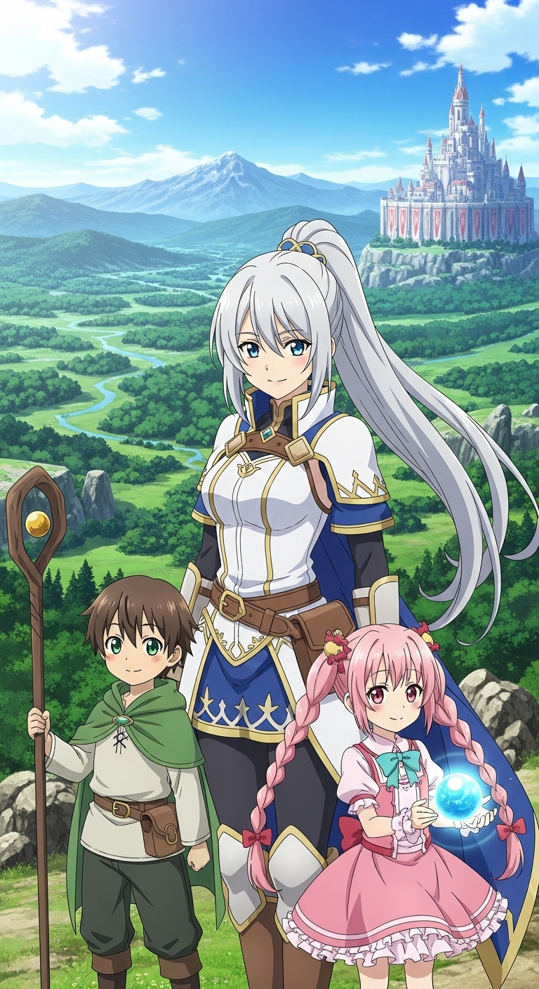 In the Land of Leadale anime wallpaper with main characters and fantasy castle