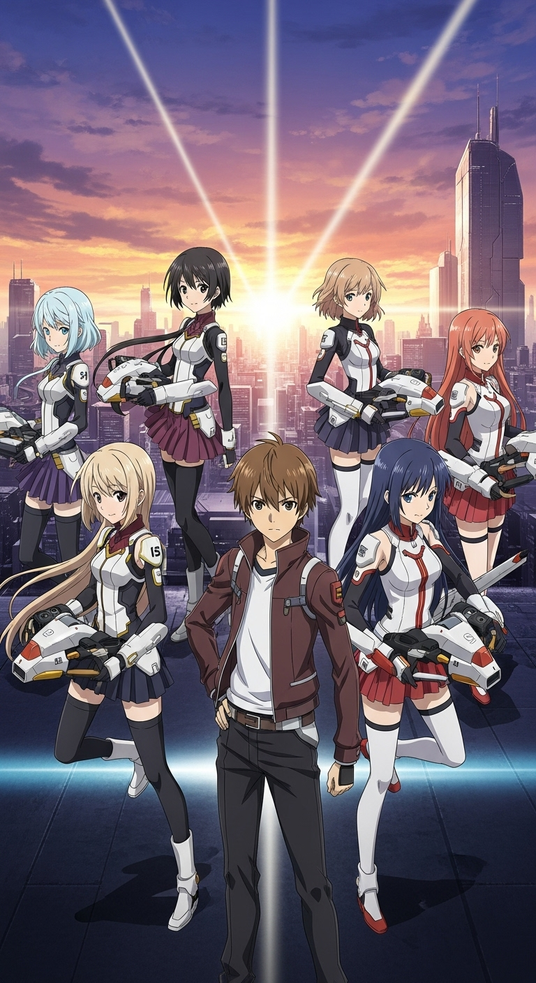 Infinite Stratos anime wallpaper featuring main characters in futuristic city with weapons