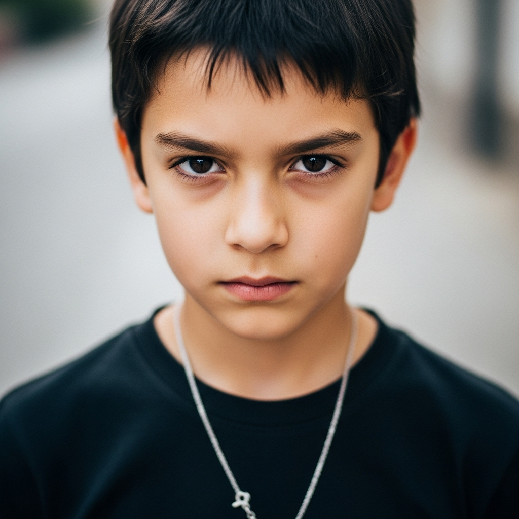Serious young boy with short dark hair, piercing brown eyes, subtle frown, wearing black t-shirt and silver chain necklace against blurred city street.