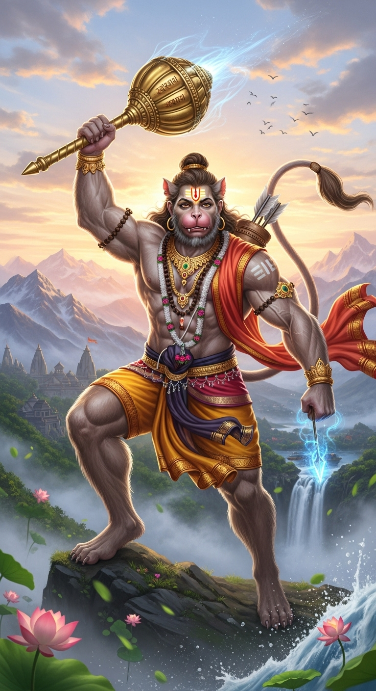 Powerful Lord Hanuman wallpaper holding gada with mountains, temples and divine background for iPhone