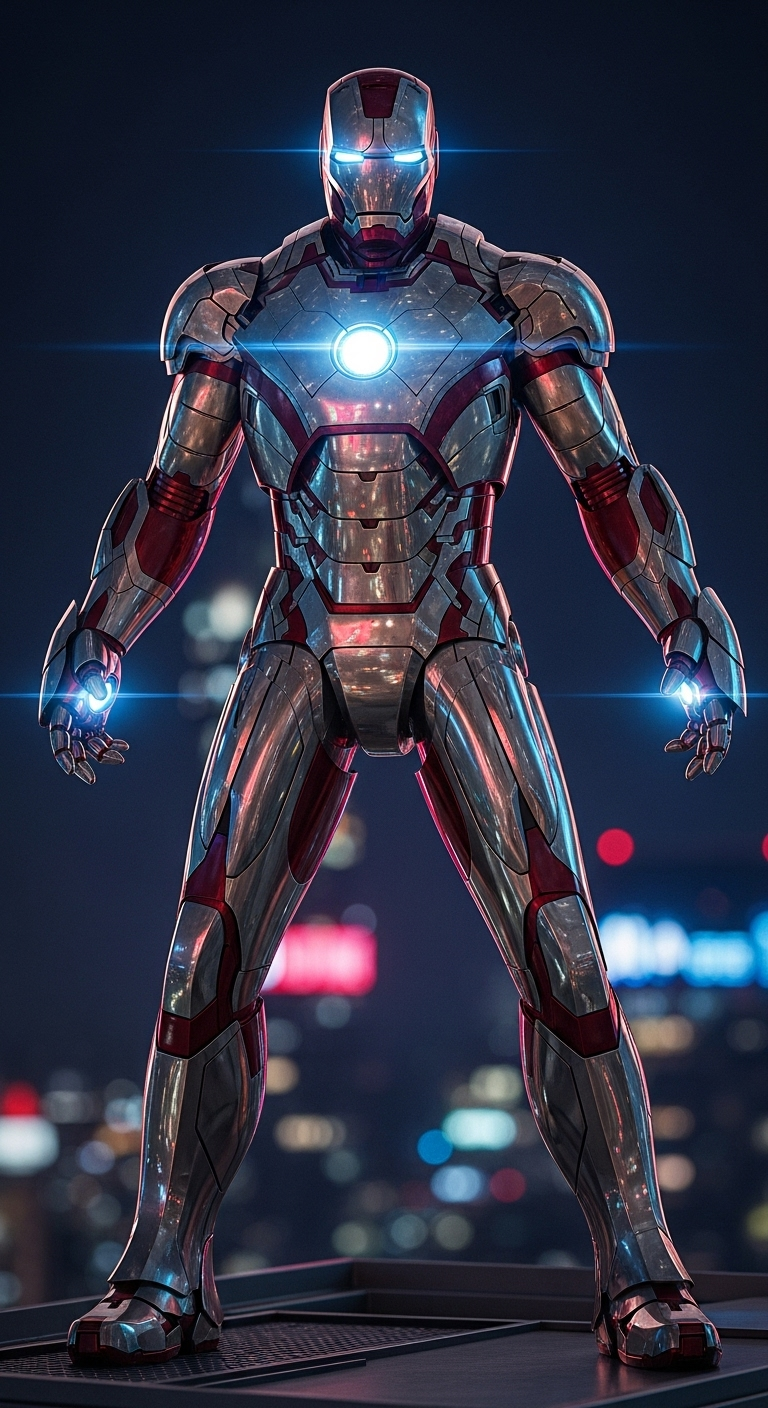 Iron Man 4K ultra HD wallpaper with glowing arc reactor and city night lights
