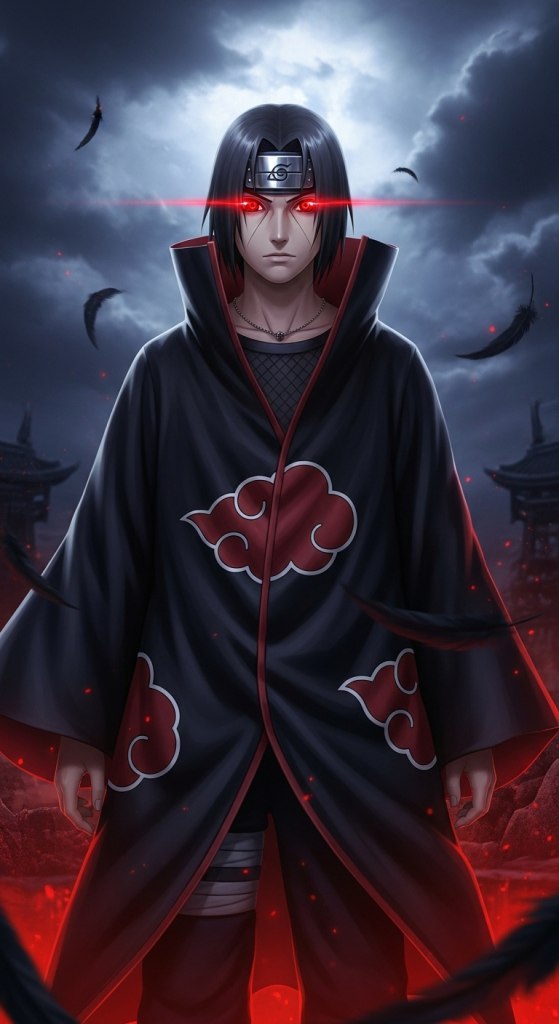 Itachi Uchiha Akatsuki wallpaper 4k HD with glowing Sharingan red eyes anime style