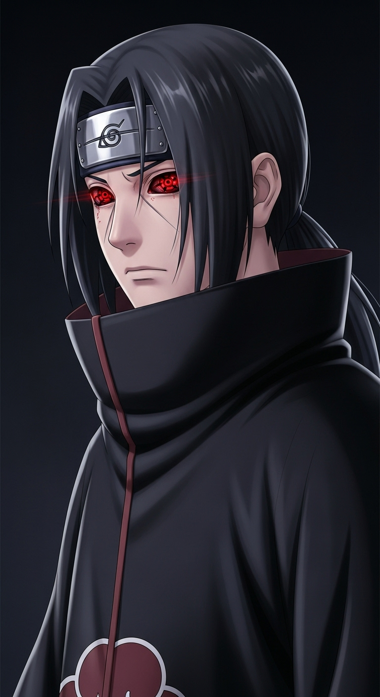 Itachi Uchiha Akatsuki wallpaper with Sharingan glowing eyes in dark anime background