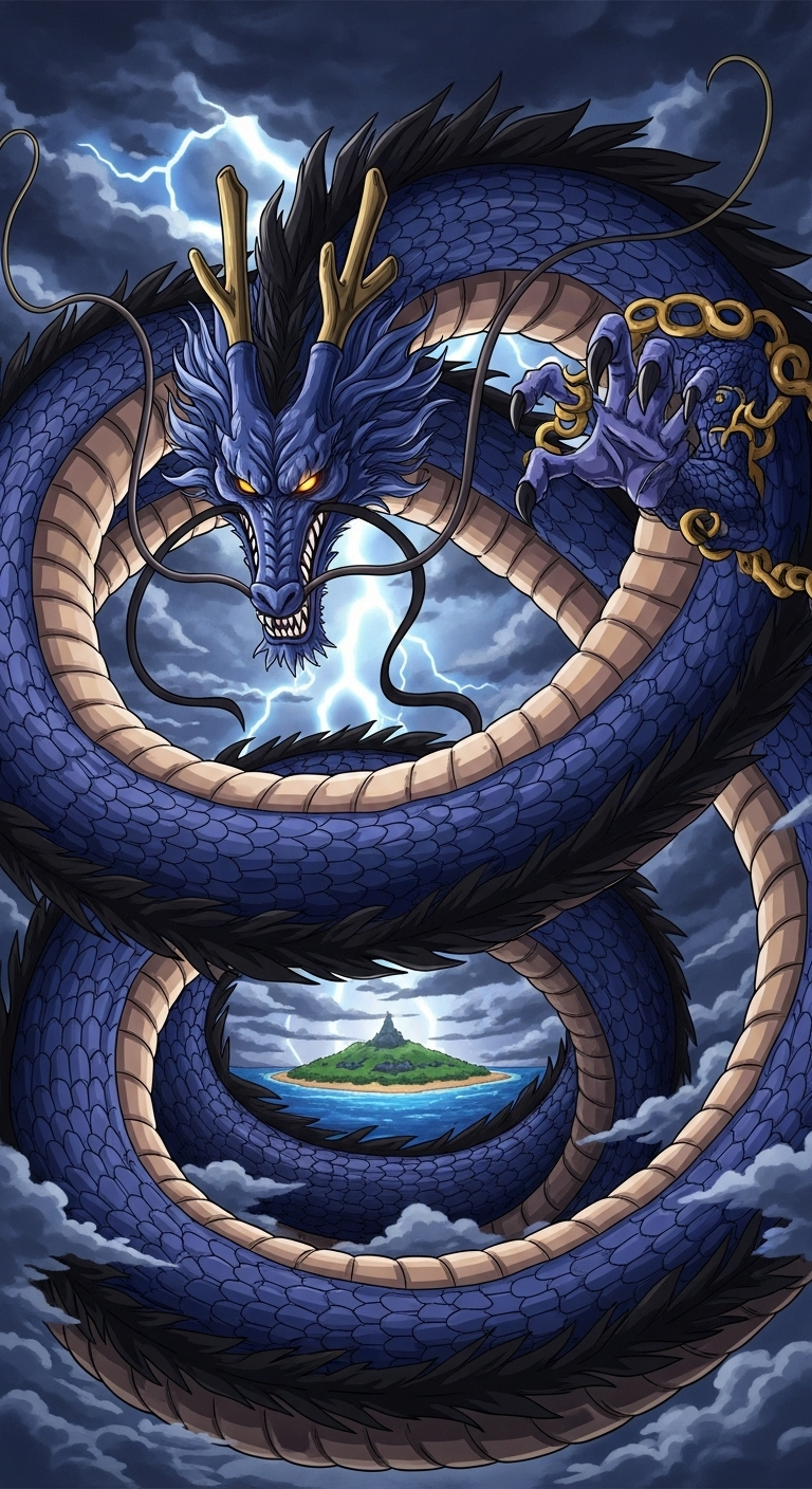 Kaido dragon form wallpaper with stormy sky lightning and floating island background