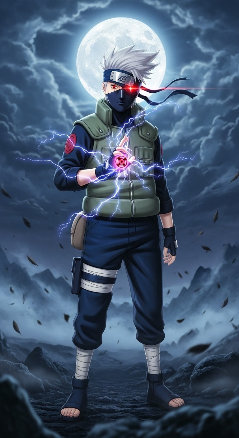 Kakashi Hatake using Chidori with Sharingan under full moon Naruto anime wallpaper