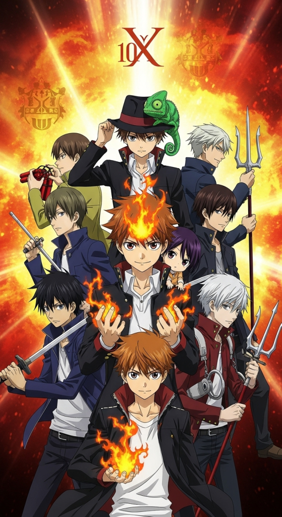 Katekyo Hitman Reborn anime wallpaper featuring Tsuna and guardians with fire flames