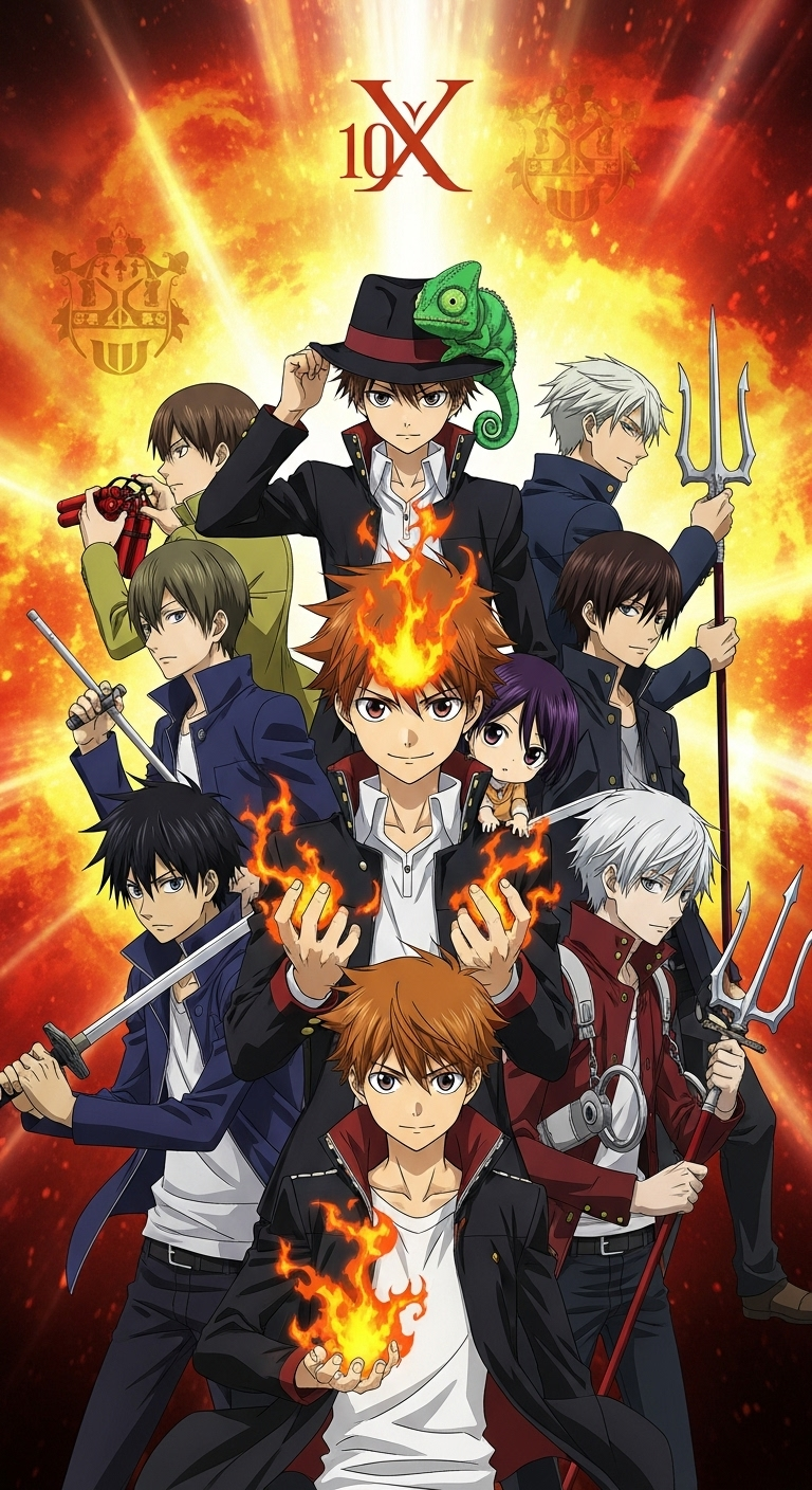 Katekyo Hitman Reborn anime wallpaper featuring Tsuna and guardians with fire flames
