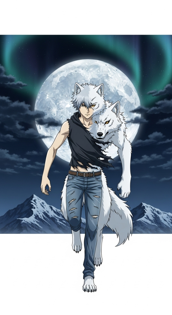 Kiba anime wallpaper with wolf spirit and moonlight background in snowy mountain night scene