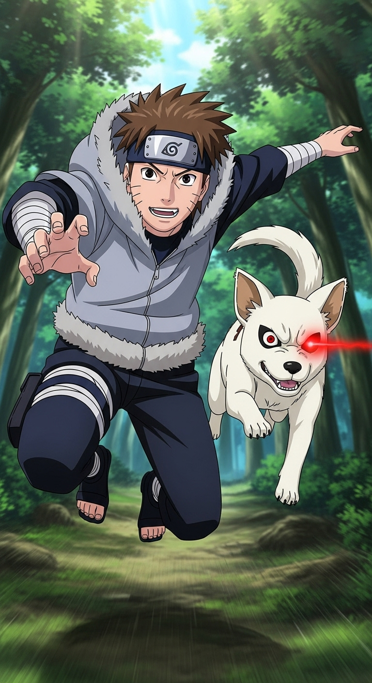 Kiba Inuzuka running with Akamaru in Naruto anime forest action wallpaper