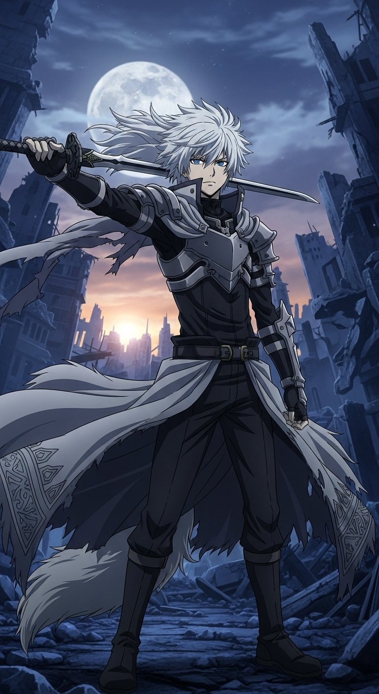 Kiba Zed anime warrior holding sword in ruins under full moon wallpaper