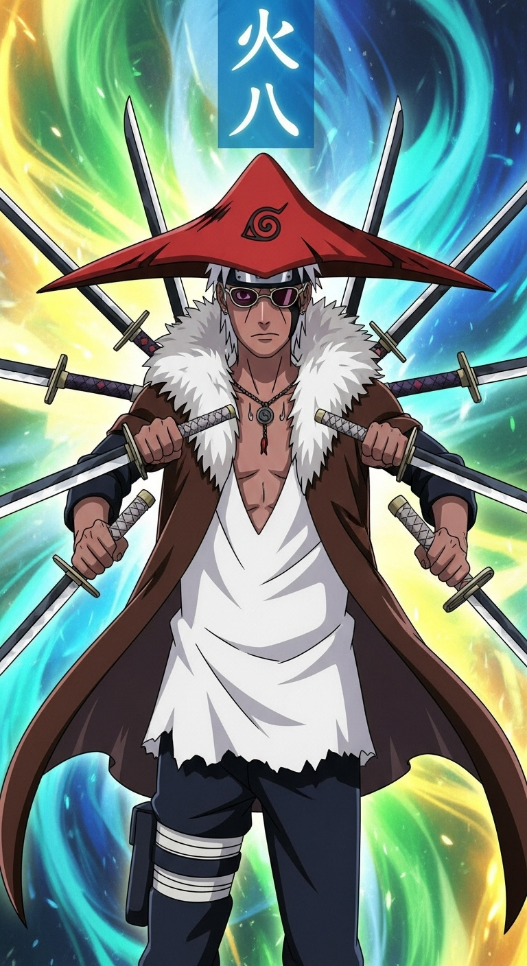 Killer Bee Naruto Hokage style wallpaper with swords and glowing colorful background