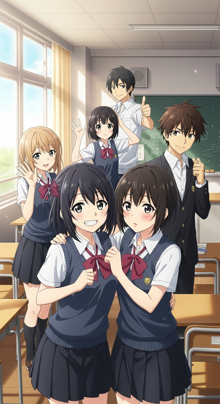 Kokoro Connect anime classroom friends group wallpaper with smiling students and school background