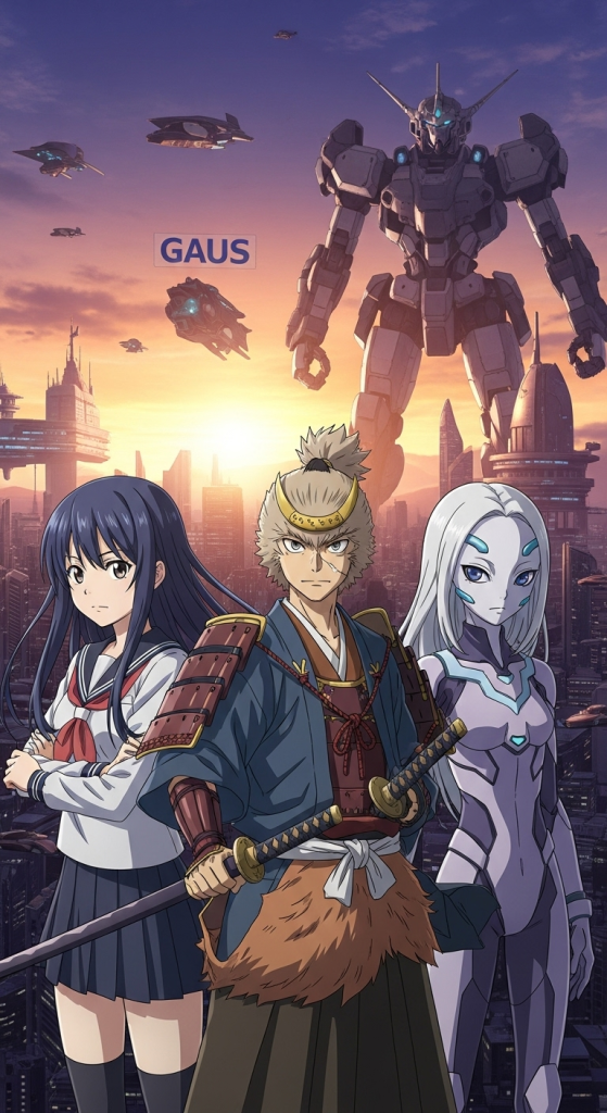 Kuromukuro anime wallpaper featuring samurai, futuristic mecha robot, and main characters in city backdrop