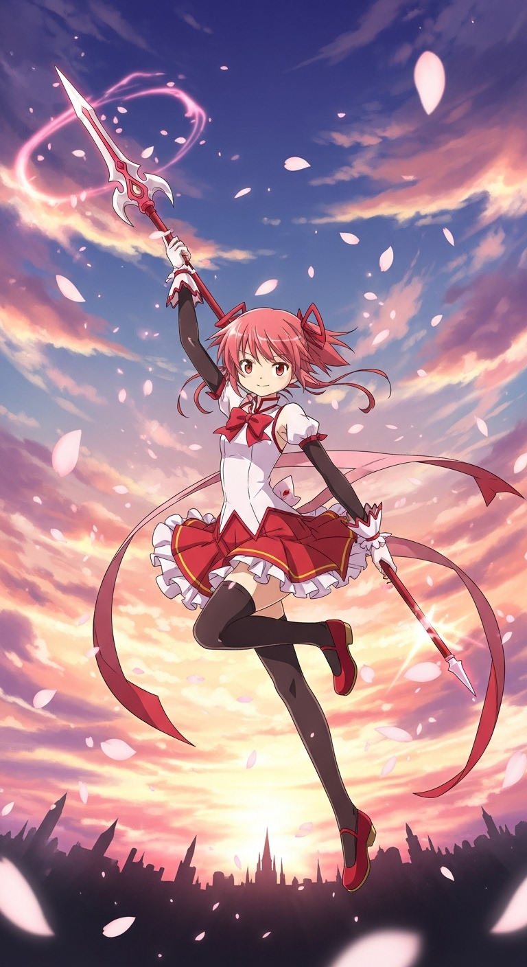 Kyoko Sakura magical girl anime wallpaper holding spear with glowing sunset sky background