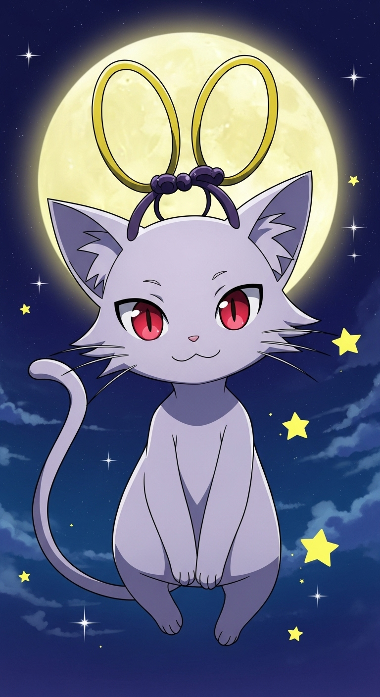 Kyubey anime wallpaper with moonlight background, red eyes, stars and magical cat creature