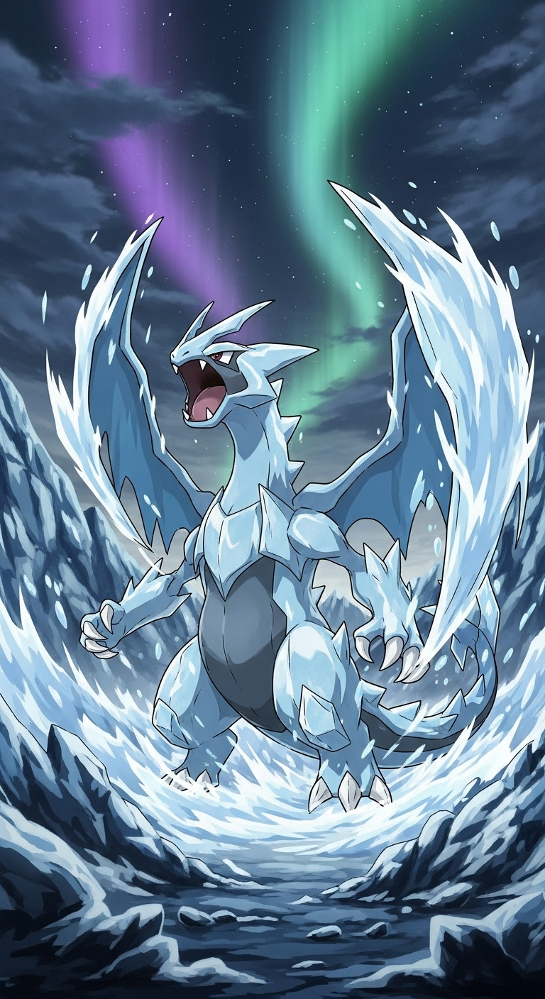 Kyurem legendary ice dragon Pokémon wallpaper with northern lights in icy battlefield