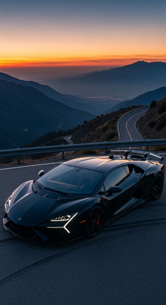 Luxury Lamborghini black supercar on winding mountain road at sunset scenic wallpaper