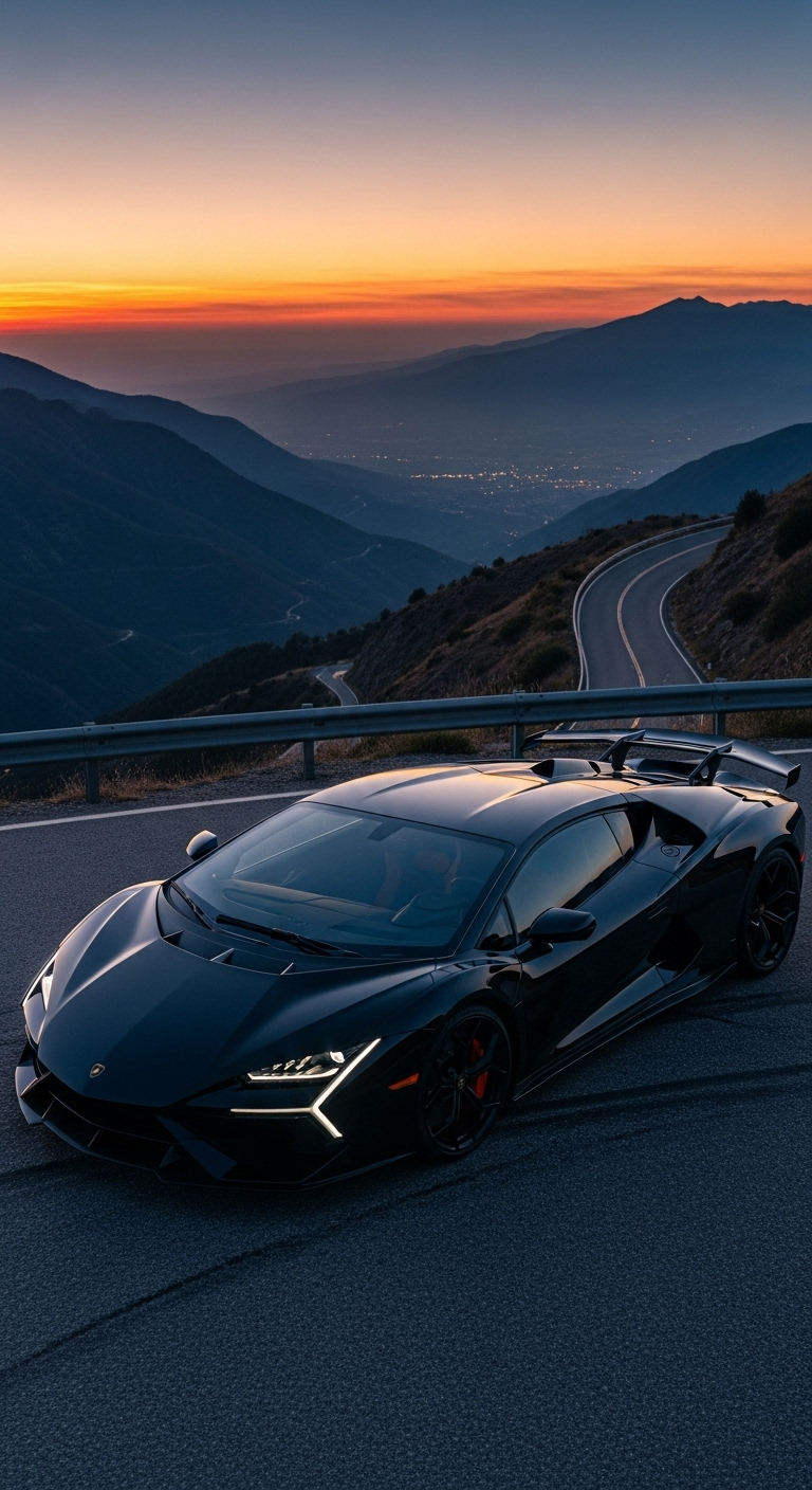 Luxury Lamborghini black supercar on winding mountain road at sunset scenic wallpaper