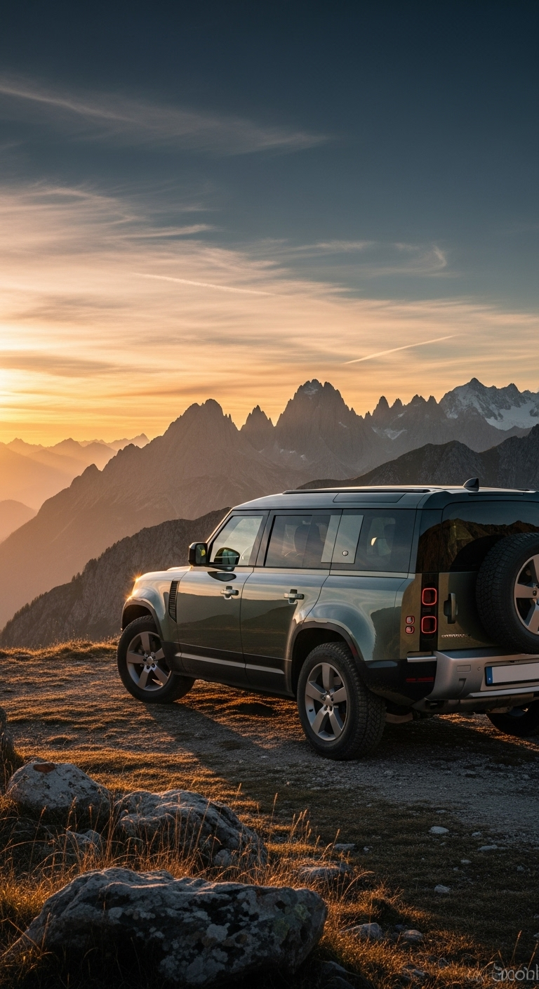 Land Rover Defender SUV parked on mountain trail during golden sunset scenic view