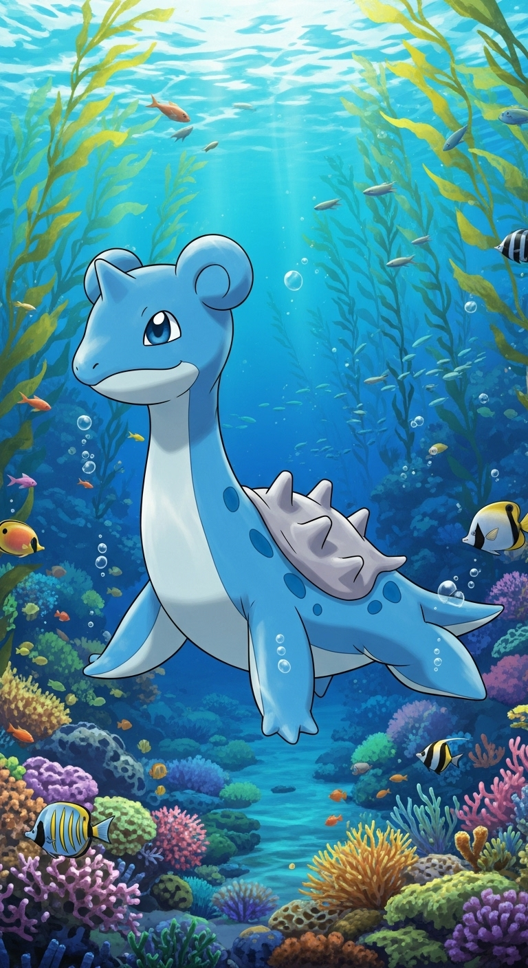 Lapras swimming underwater among coral reefs and tropical fish in vibrant ocean wallpaper