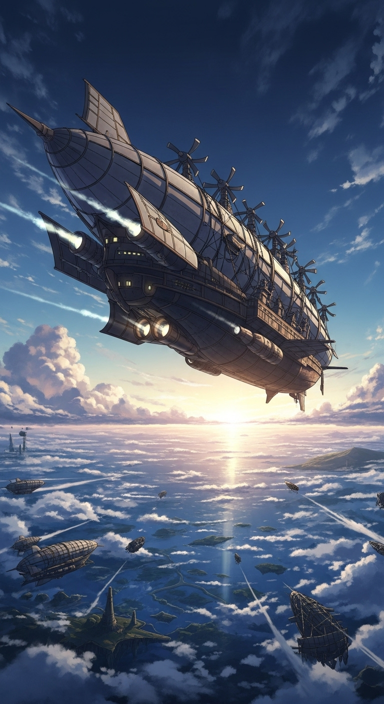 Epic Last Exile steampunk airship flying above clouds with sunset and floating islands