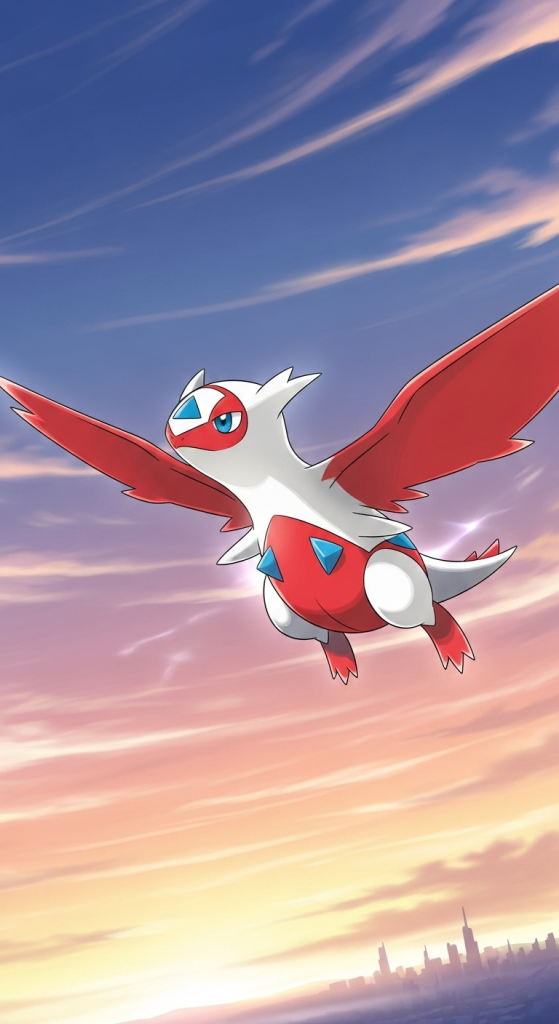 Latias Pokémon flying across sunset sky with city skyline in background wallpaper