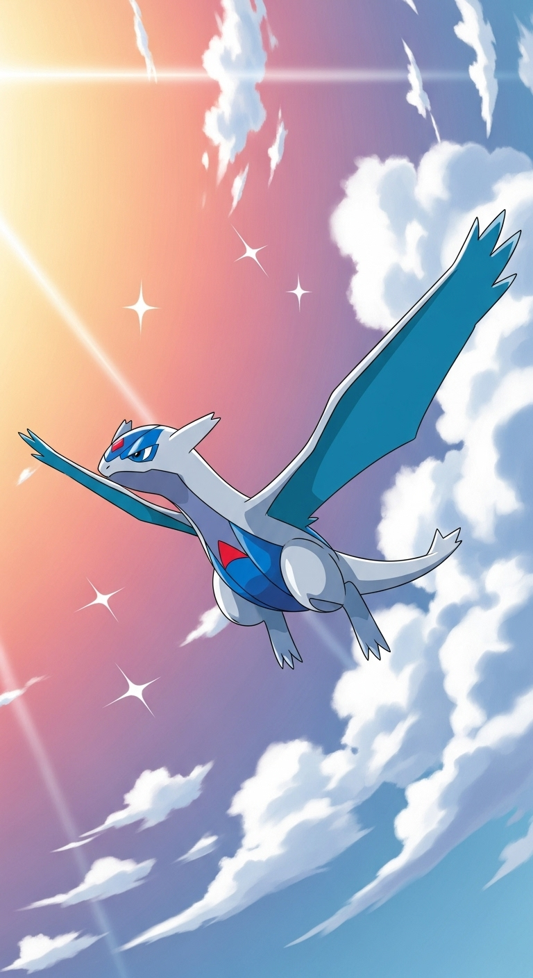 Latios legendary Pokémon soaring in colorful sunset sky with shining clouds wallpaper