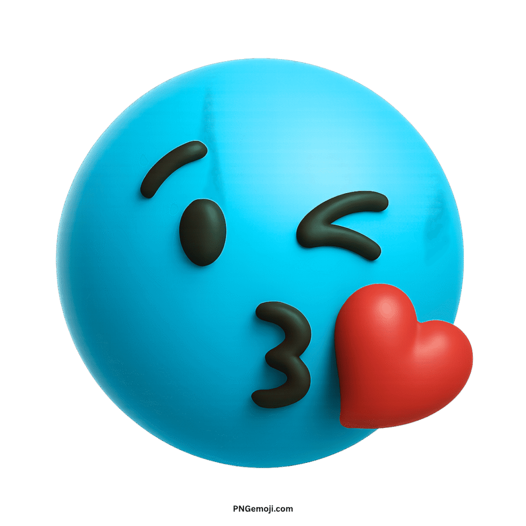 A light blue emoji face winking and blowing a bright red heart kiss.