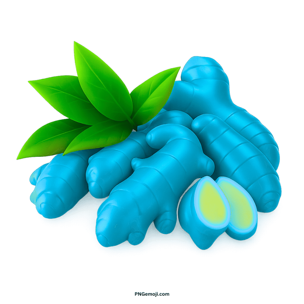 Light blue ginger roots with fresh green leaves and a sliced piece showing pale yellow interior.