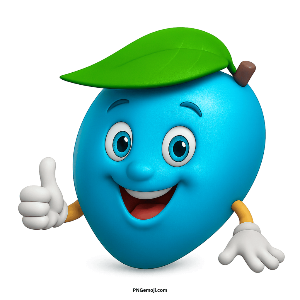 Smiling light blue mango emoji cartoon fruit character with green leaf giving thumbs up PNG