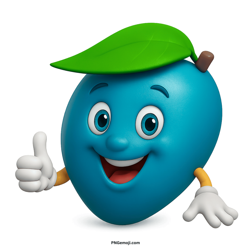 Cute light blue mango emoji cartoon fruit character with leaf hat and thumbs up PNG