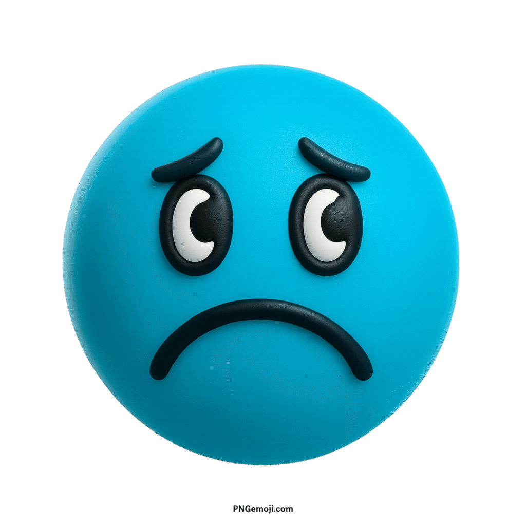 A melancholy light blue emoji with a sad face, downturned mouth, and worried