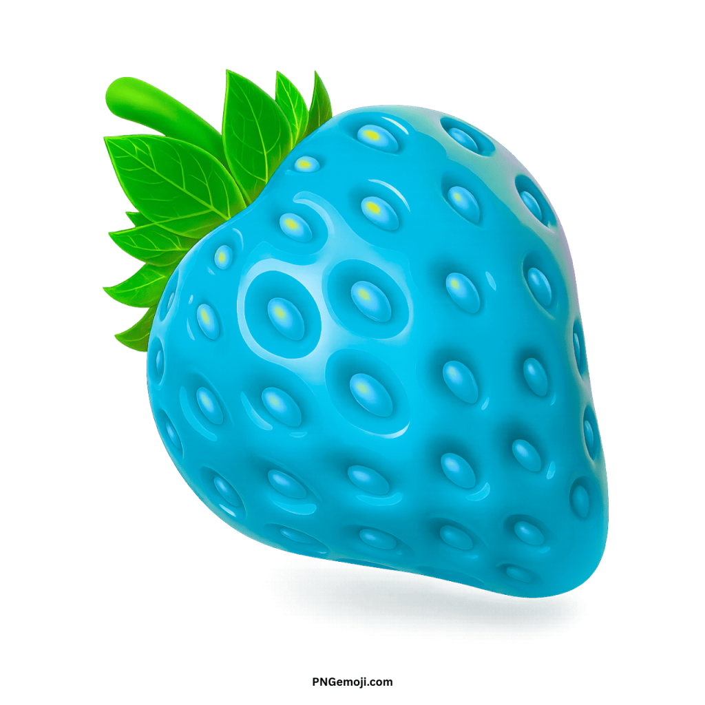 A glossy, light blue strawberry with subtle yellow seeds and bright green leaves on a black background.