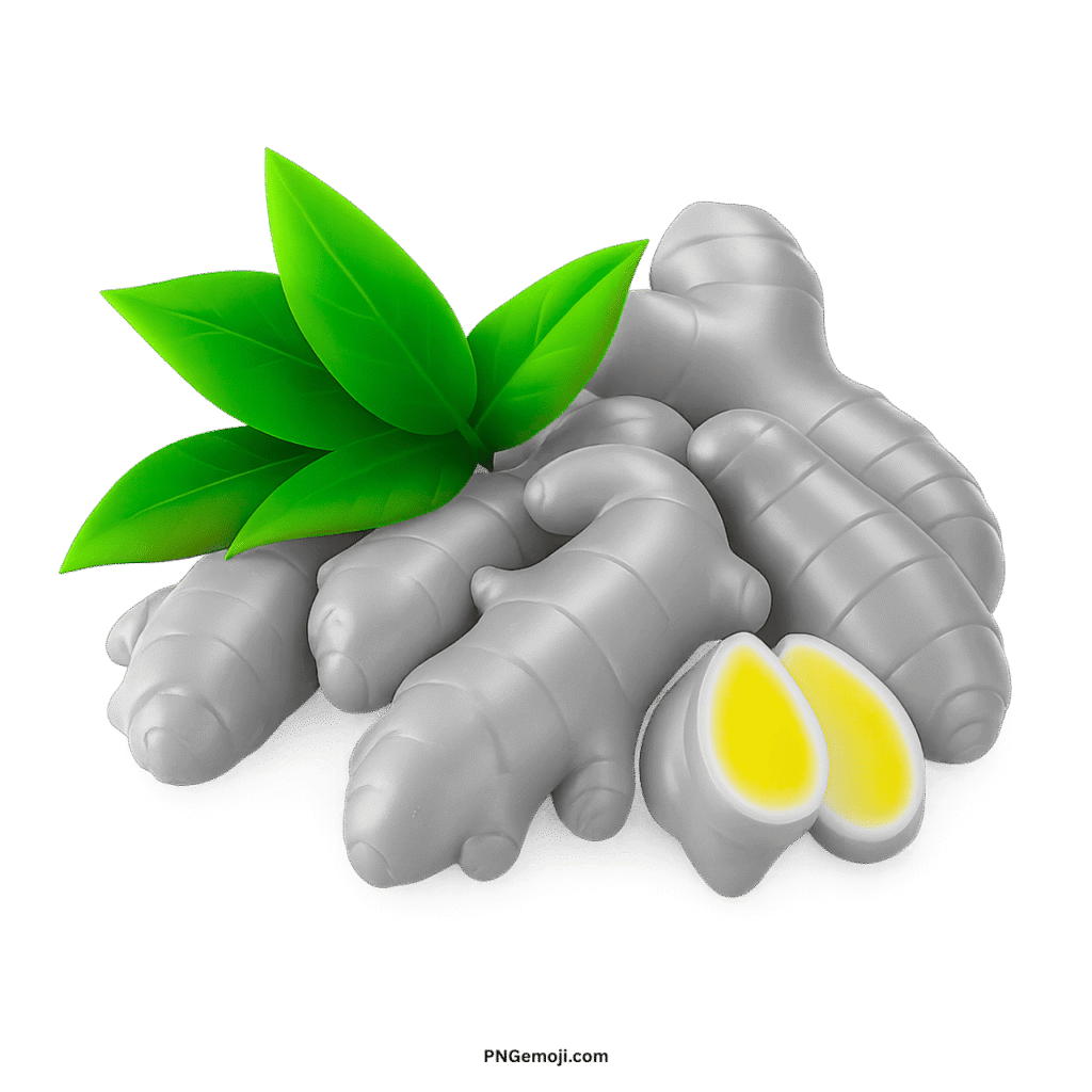 Light gray ginger roots with fresh green leaves and a sliced piece showing vibrant yellow inside.