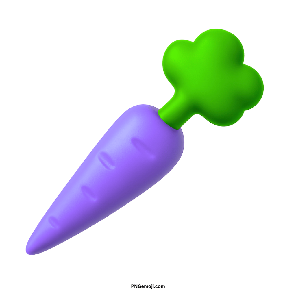 3D light purple carrot emoji with green leaves, creative colorful vegetable symbol design