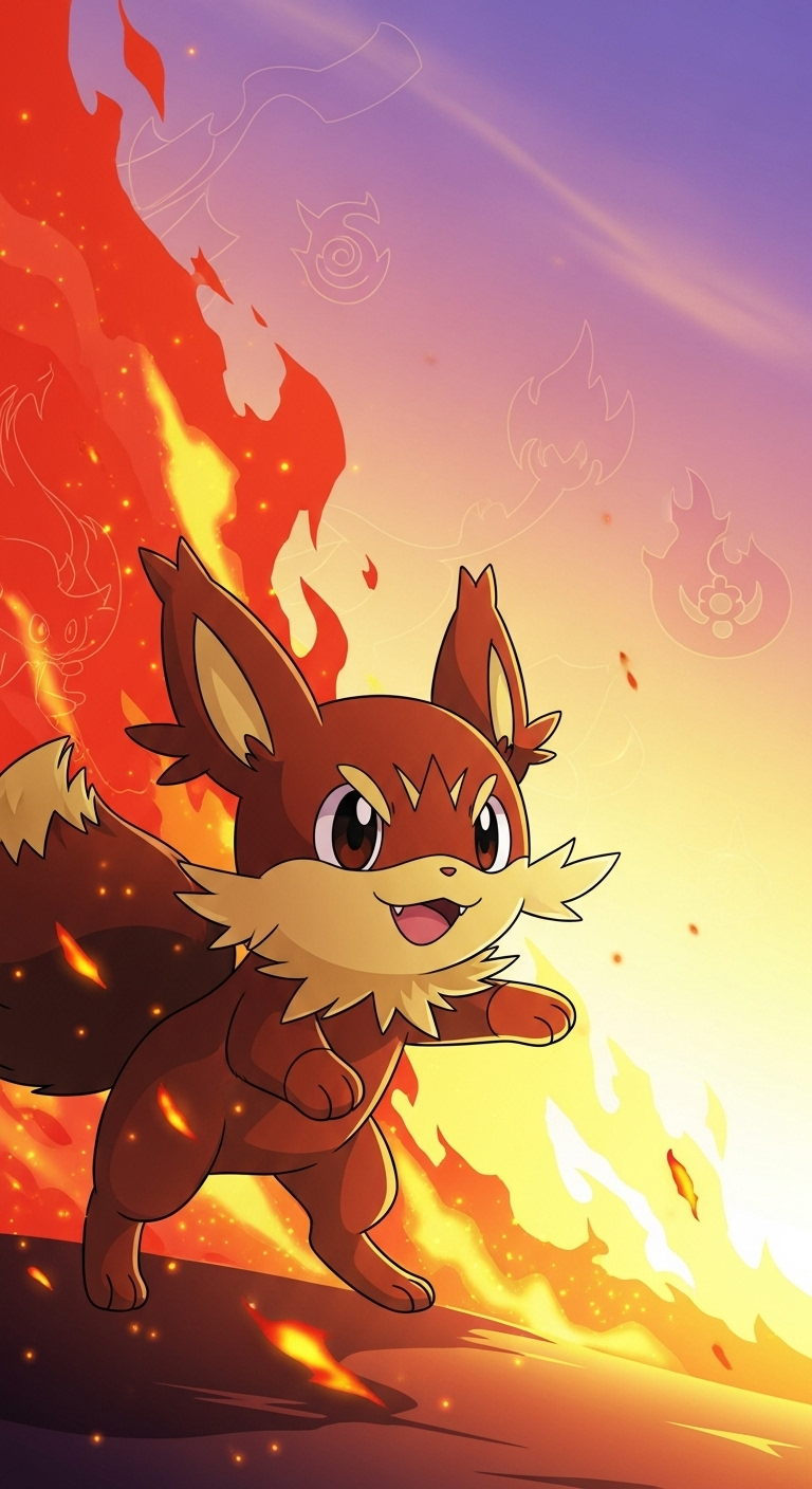 Litten Pokémon fire type wallpaper with blazing flames and sunset anime background