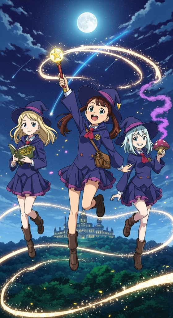 Little Witch Academia anime wallpaper featuring magical girls under moonlit sky with wands