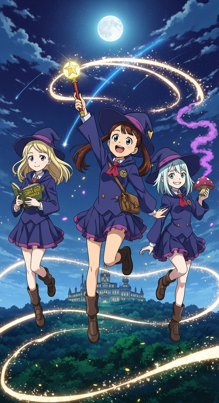 Little Witch Academia anime wallpaper featuring magical girls under moonlit sky with wands