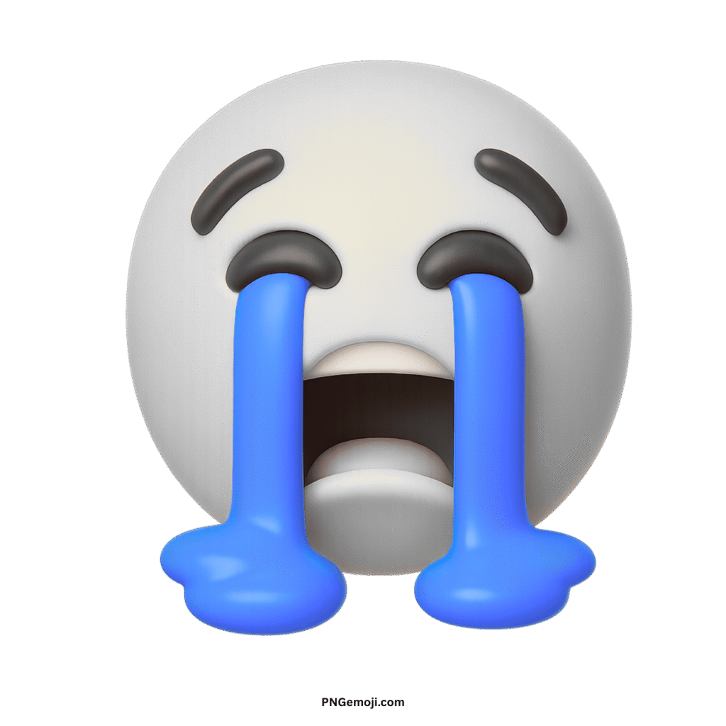 A 3D white loudly crying face emoji with blue tears streaming down, on a black background.