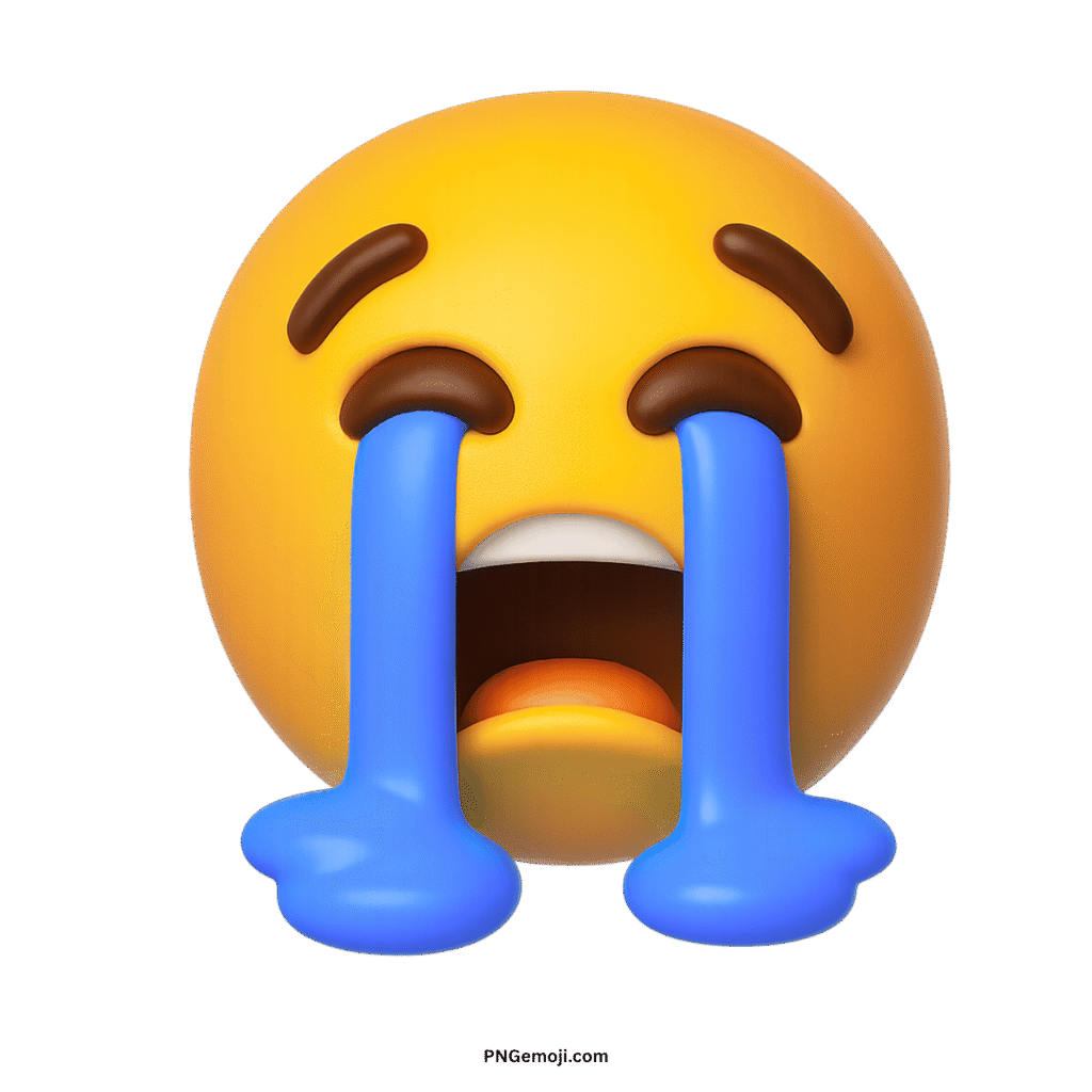  A 3D yellow loudly crying face emoji with blue tears streaming down, on a black background.