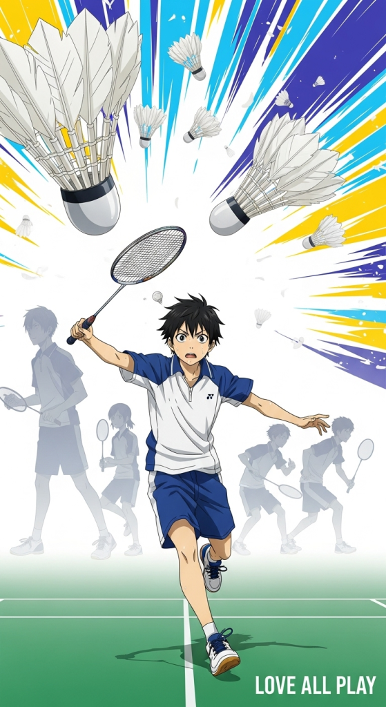 Love All Play anime badminton wallpaper featuring dynamic action scene with shuttlecocks and player