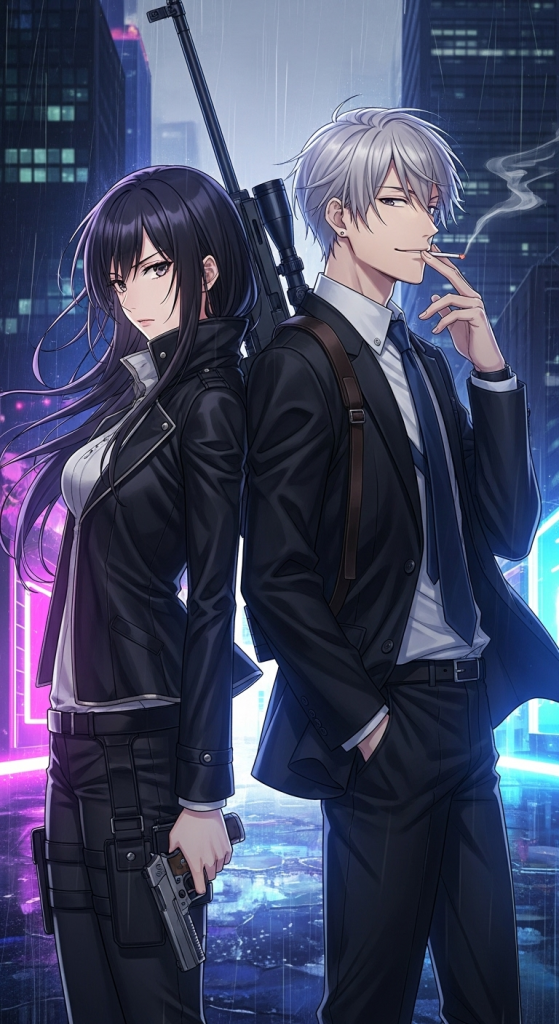 Love of Kill anime wallpaper featuring assassin duo with guns in neon city nightscape