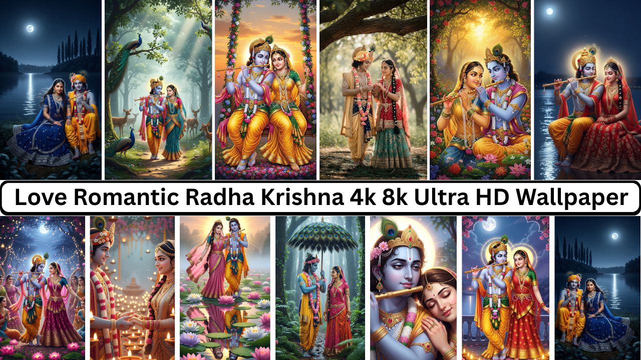 Beautiful love romantic Radha Krishna 4k 8k wallpaper with lotus, moonlight, peacock and divine flute