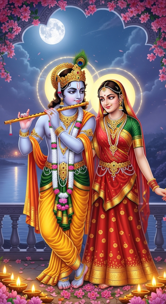 Beautiful love romantic Radha Krishna wallpaper HD with moonlight background and divine atmosphere
