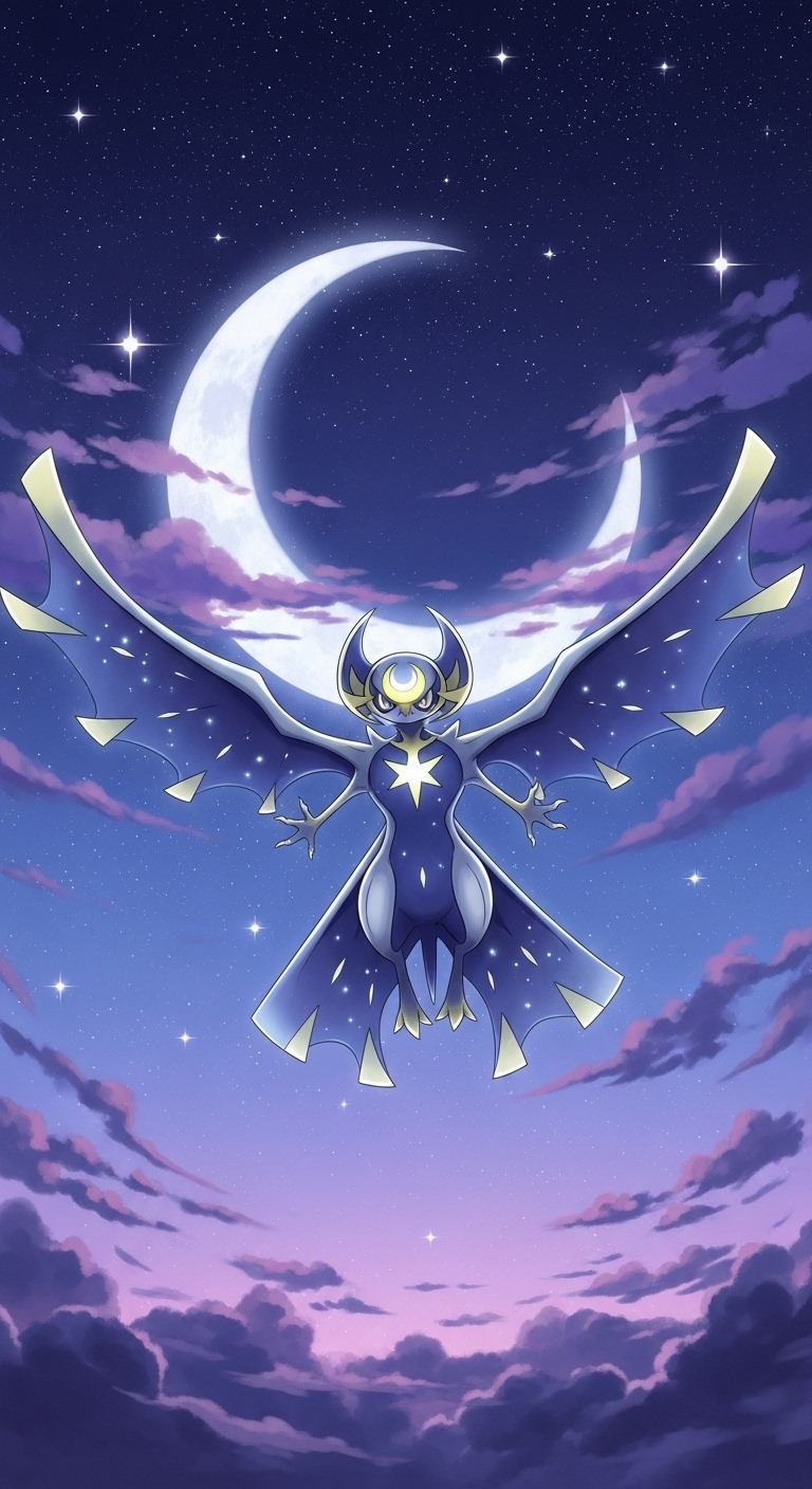 Lunala legendary Pokémon wallpaper with glowing crescent moon and starry night sky background