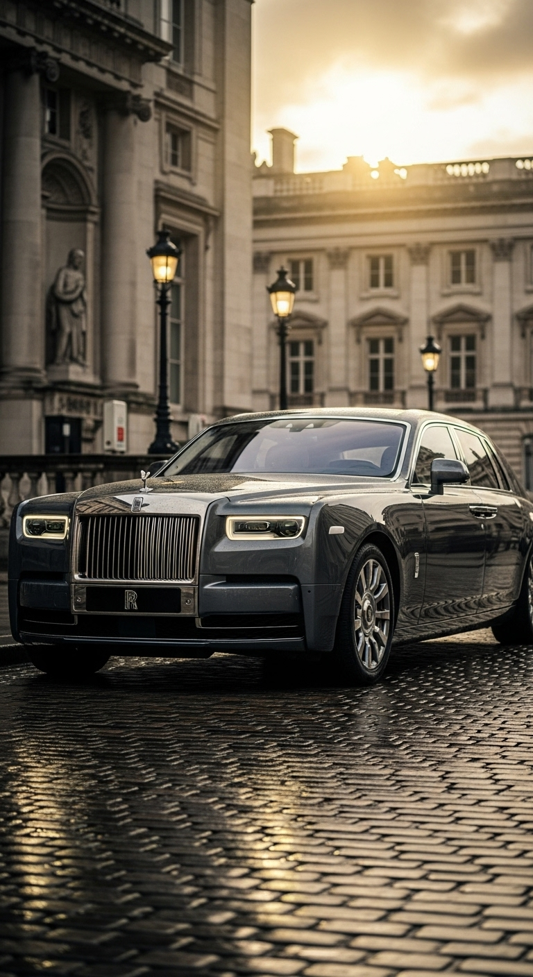 Luxury Rolls-Royce Phantom car 4K HD wallpaper parked on elegant cobblestone street at sunset